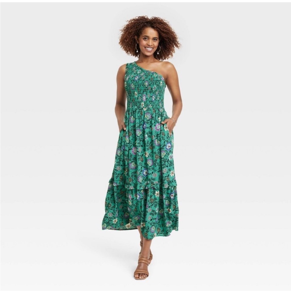 NWT Knox Rose Pleasant Green Smocked one-shoulder tiered floral dress size Large